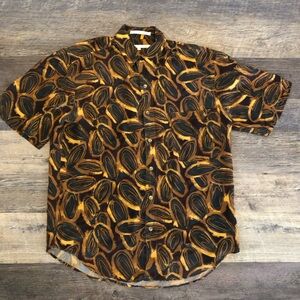 Perry Ellis Mens 100% Silk Paisley Shirt Black Brown paisley Med Button Retro